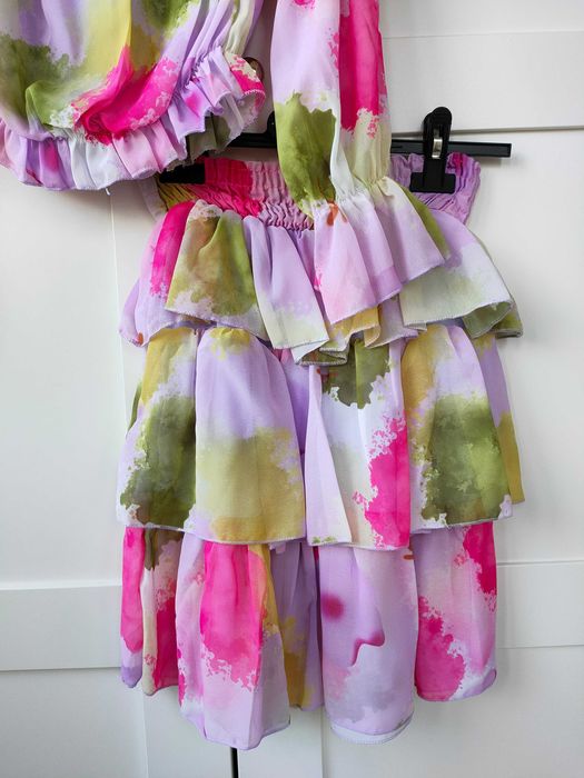 Komplet spódniczka + bluzka hiszpanka falbany boho lila S M L