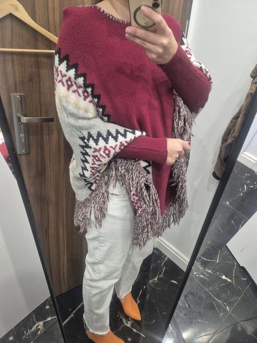 Poncho grube zimowe boho indian czerwone one size