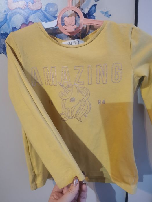 Musztardowa bluzka z jednorożcem h&m 98/104