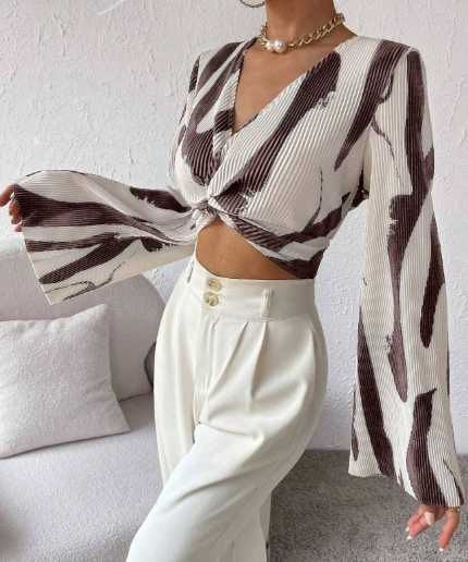 Летняя легкая короткая блузка рубашка женская с длинным рукавом