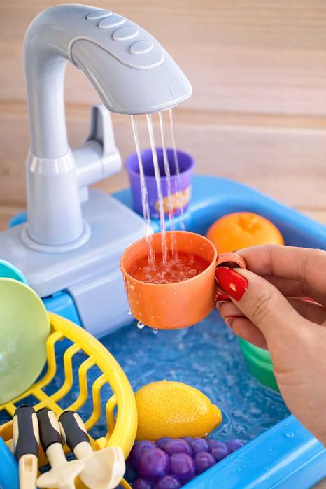 Детская мойка с водой краном течёт вода 19 предметов, игрушечная кухня