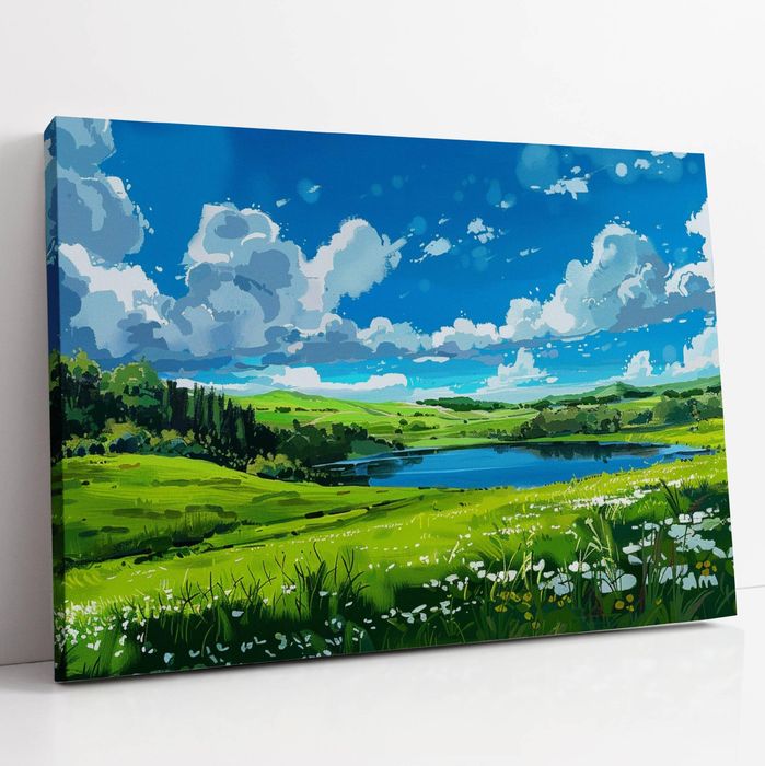 Obraz na płótnie "Łąka nad jeziorem" 80x60 cm - malowniczy krajobraz