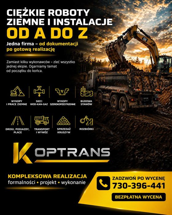 Roboty ziemne, wykopy, przyłącza, stawy – kompleksowo | KOPTRANS