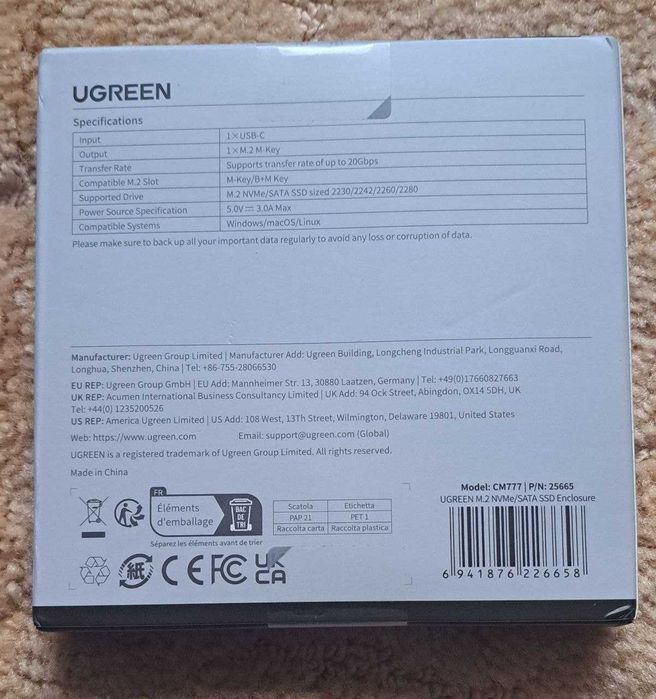 зовнішній карман для SSD M2 NVMe Ugreen CM777 20Gbps USB3.2 TypeC
