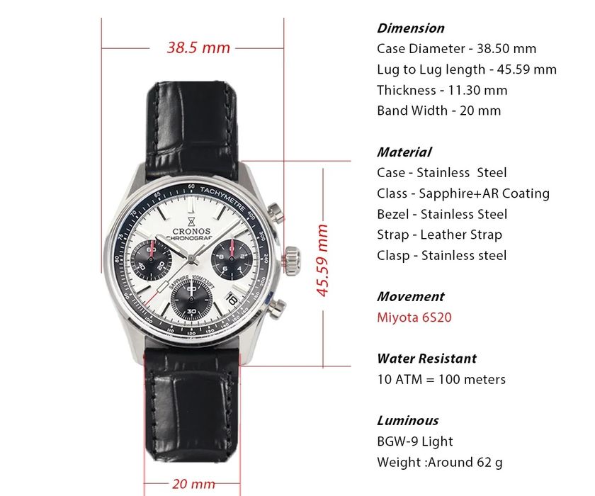 Cronos Chronograph 38.5mm 100m szafir