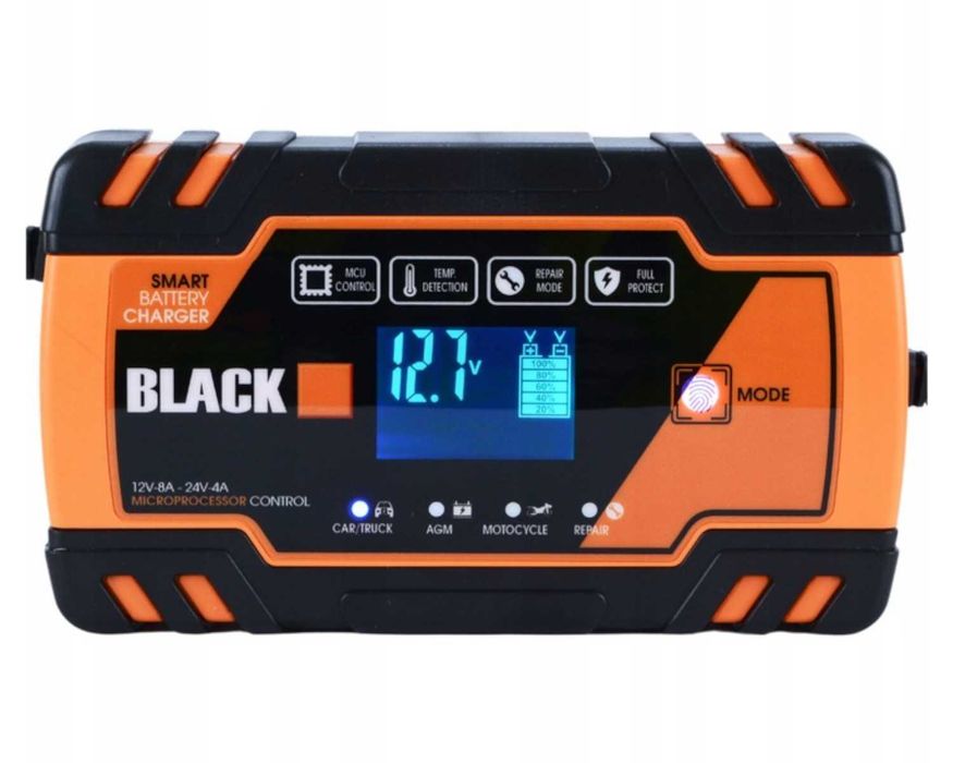 MOCNY Prostownik BLACK 12V 24V LCD BEZPIECZNY SZYBKI Do Akumulatorów