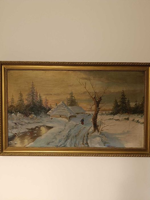 Obraz malowany na płótnie-zimowy krajobraz, sygnowany