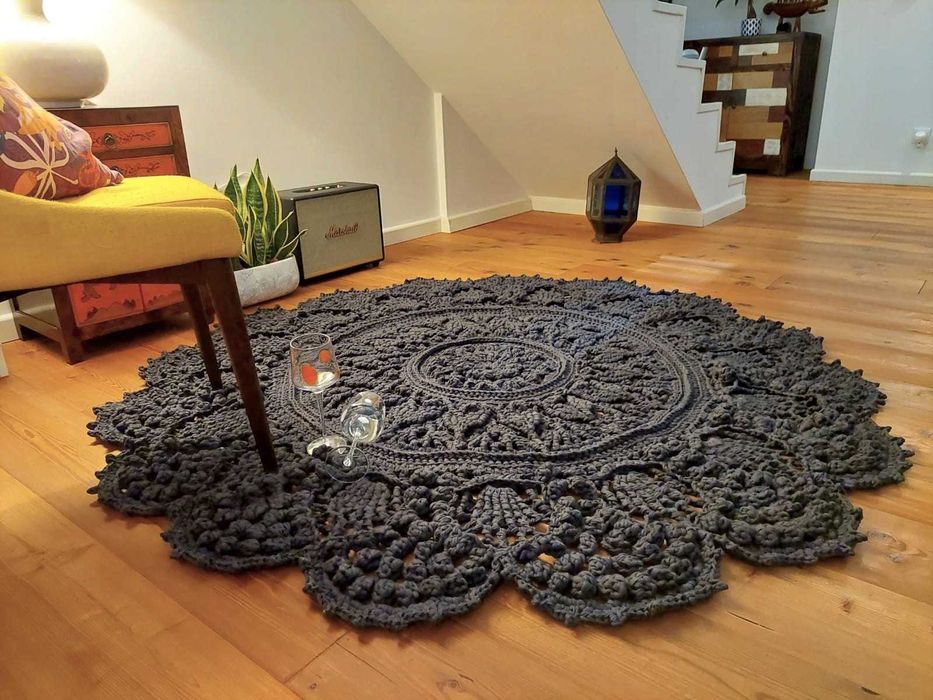 tapete-mandala crochet-relevo trapilho algodão cinzento-azul 1,65m