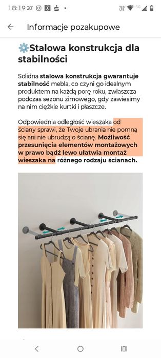 Wieszak ścienny,drążek czarny