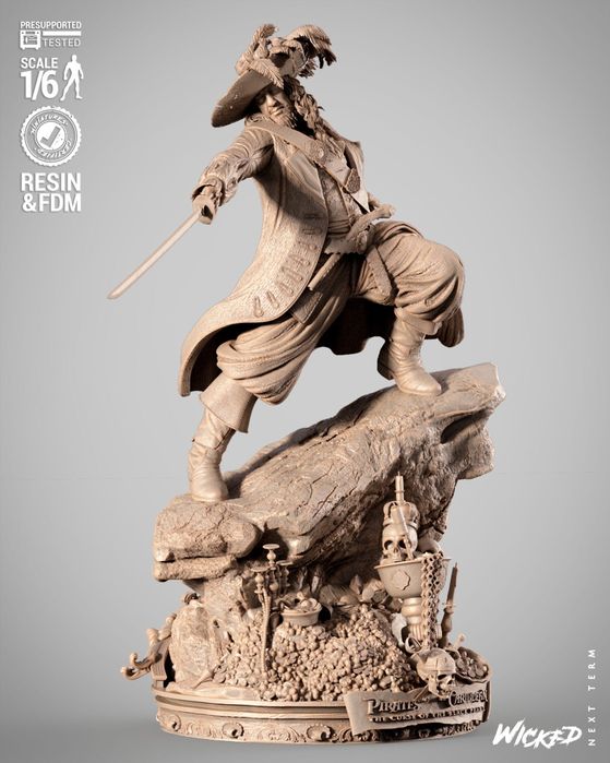 Kolekcjonerska figurka 3D 16K Barbossa (Piraci z Karaibów) 1/6 szara