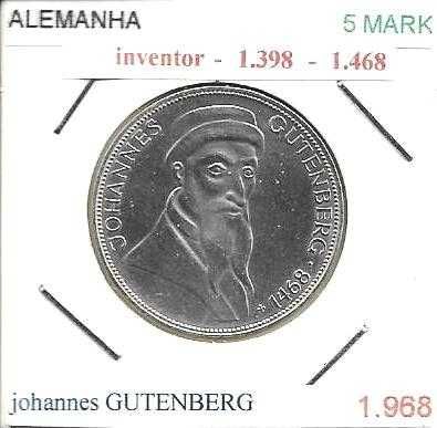 Alemanha - - 5 Mark - 1968-G - - Johannes Gutenberg - - Moeda de Prata