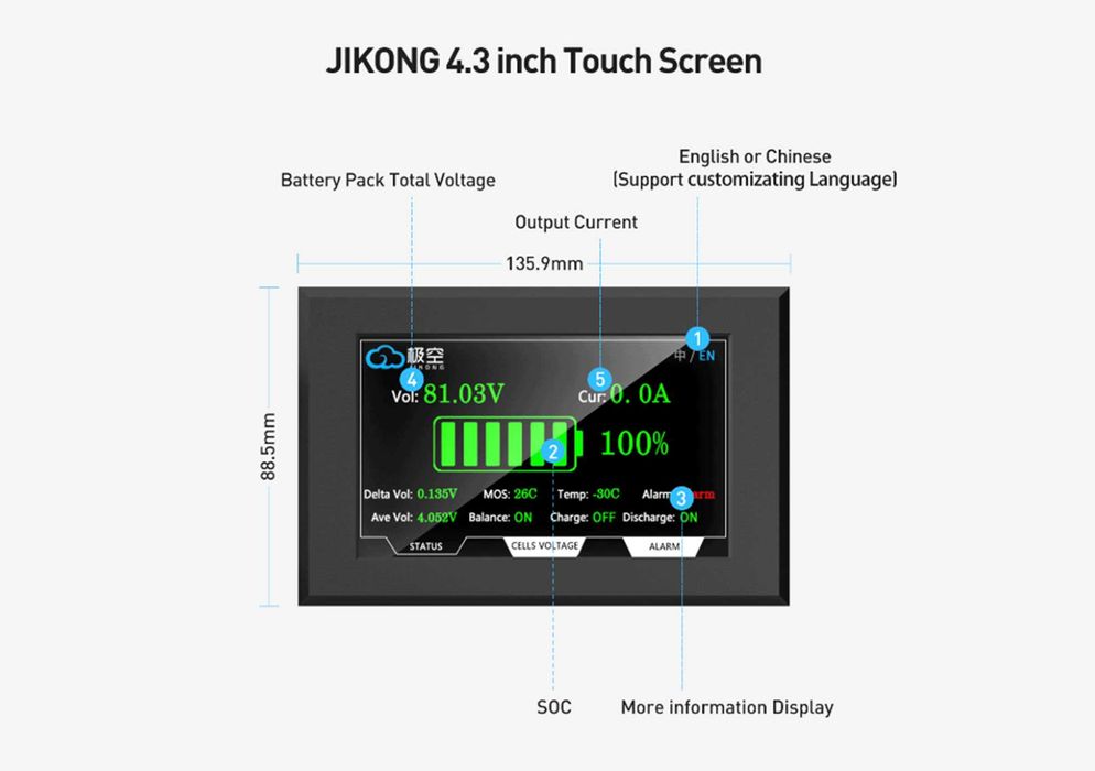 Smart BMS JIKONG Дисплей 4.3" для з сенсорним управлінням Lifepo4