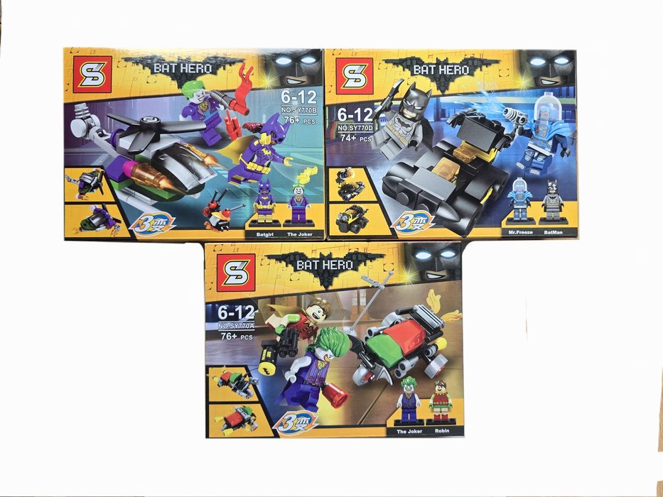 Nowe klocki zestaw trzy w jednym Batman Robin Joker Batgirl Mr Freeze kompatybilne z Lego pościg dżoker mister friz avengers superbohaterowie marvel