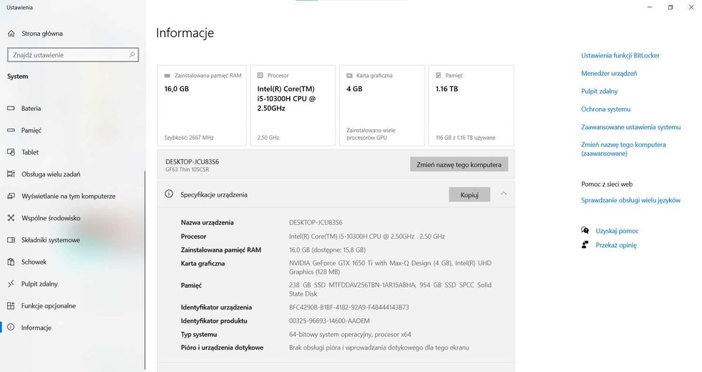 Laptop gameingowy MSI I5-10300h GTX 1650 Ti 4GB 16 GB RAM