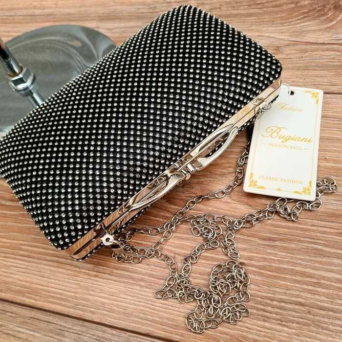 Piekna torebka wizytowa kopertówka czarna z cyrkoniami