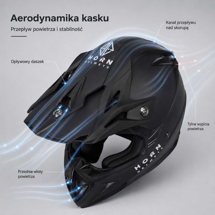 Kask Motocyklowy cross enduro quad Horn H915 czarny mat + gogle ECE 22.06 XS-XL