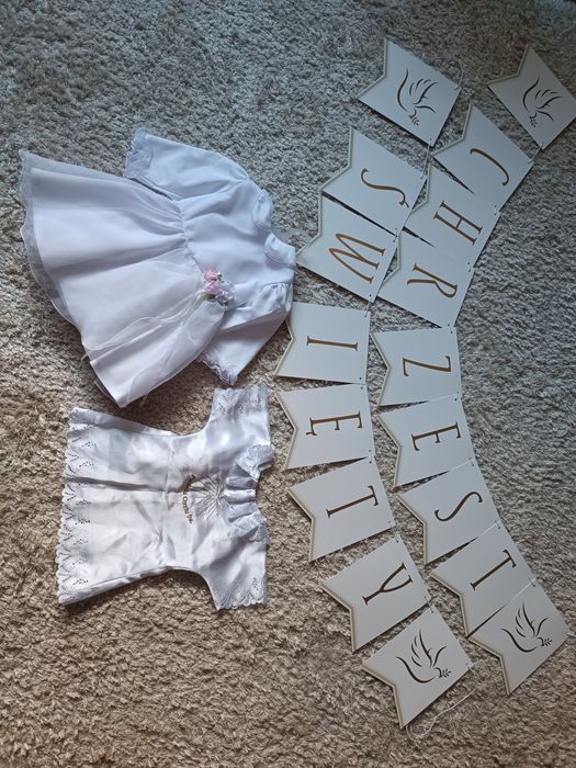 Zestaw do chrztu, sukienka, napis "Chrzest Święty", ocieplane buciki,