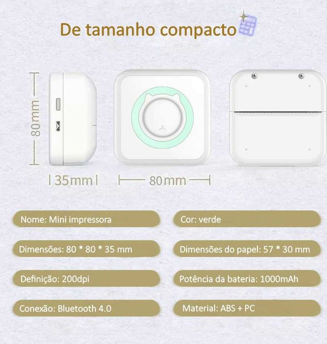 Mini impressora»Portátil»USB»Rolo de papel próprio»Casa/escritório