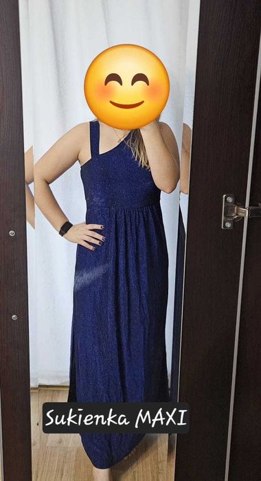 Niebieska sukienka maxi, błyszcząca sukienka, granatowa