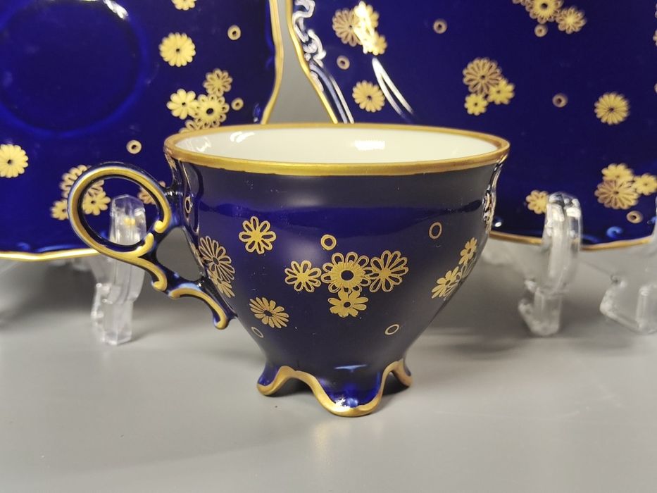 Lichte Fine China trio zestaw śniadaniowy, filiżanka, kobalt NRD / DDR