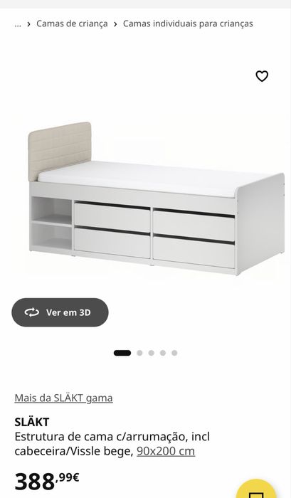 SLÄKT Estrutura cama com arrumação + estrado ripas, branco, 90x200 cm