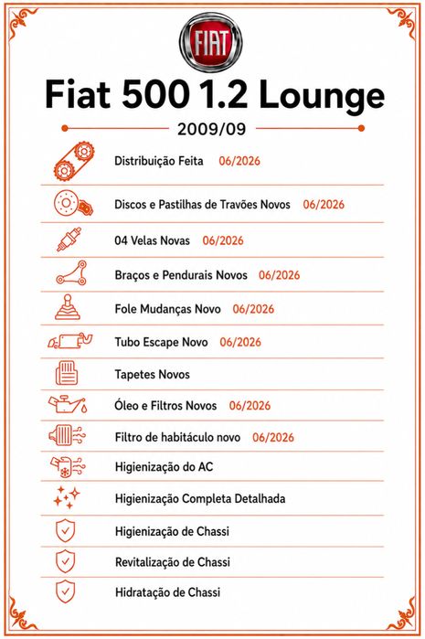 Fiat 500 Lounge • Fire 1.2 Gasolina • Teto Panorâmico • Distribuição Feita • IPO Setembro 2027 • Bem Estimado