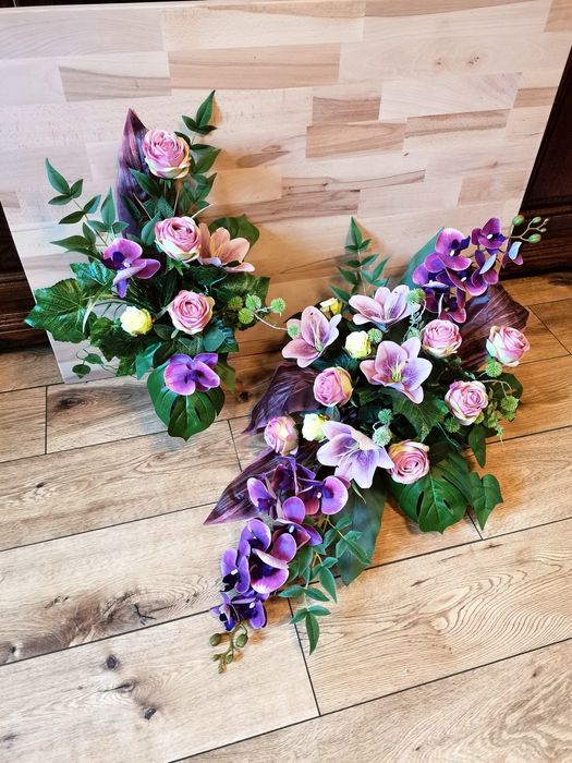 Zestaw nagrobny sztuczne kwiaty fiolet lila róż brudny pastelowy