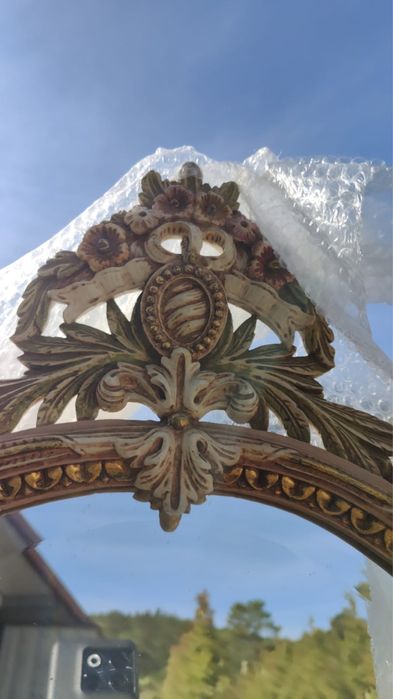 Conjunto Mesa e Espelho Antigos em Madeira e Mármore