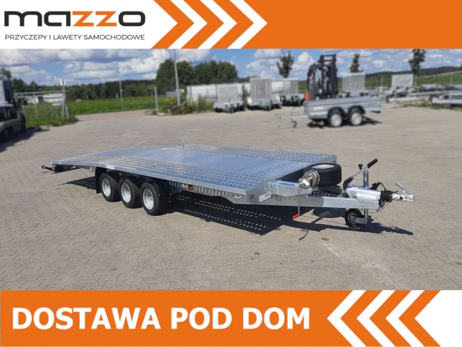 Niewiadów Dostawa laweta 500x210cm DMC3500kg wypełnienie blacha alu pod busy AMORTYZATORY Koło zapasowe  Przyczepa laweta Niewiadów Jupiter 500x210cm DMC 3500kg 3 osie VDI