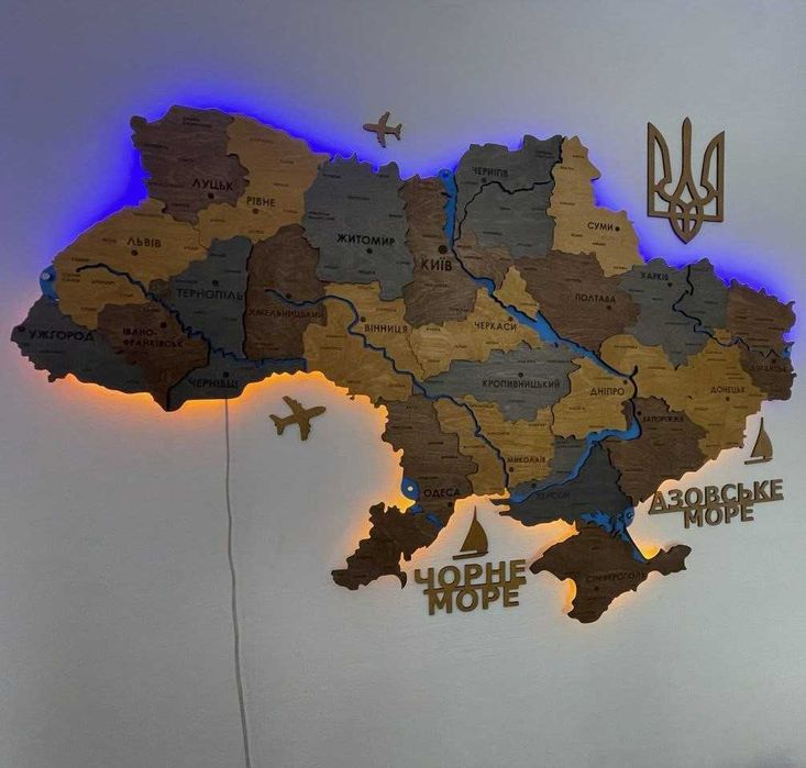 Дерев'яна мапа України з підсвіткою річок карта Украины с дерева декор
