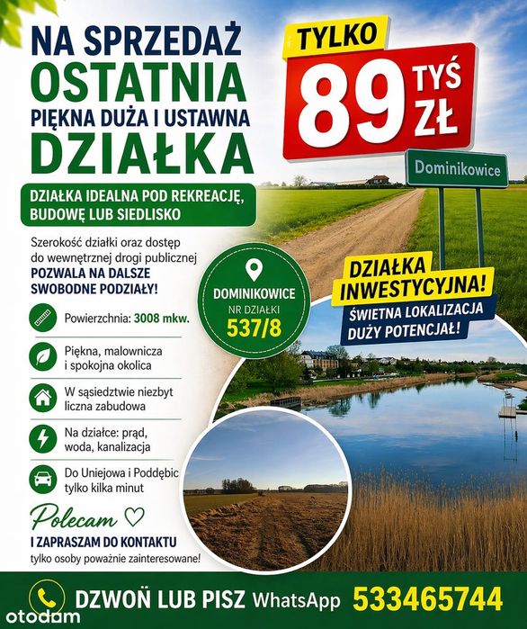 Duża, szeroka ustawa działka blisko term Uniejów ! Można dzielić!