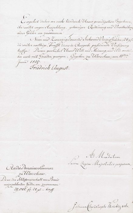 AUTOGRAF - Książe Warszawski FRYDERYK AUGUST - dokument historyczny