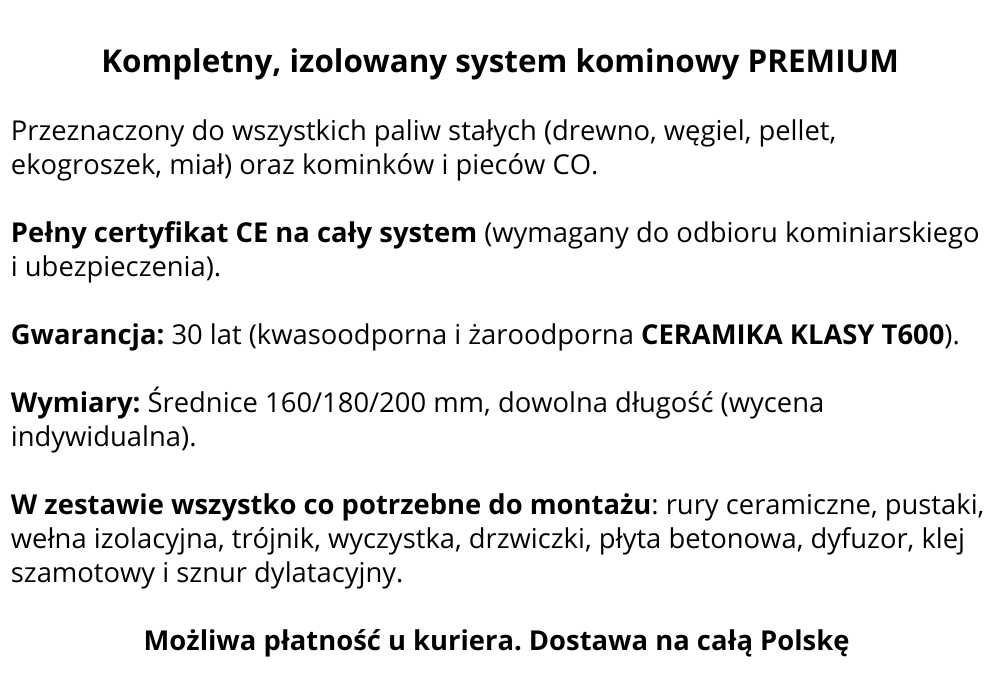 Komin KW2 fi 200 wys 4m Izolowany Systemowy Ceramiczny System Kominowy