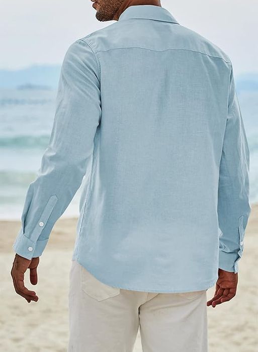 Koszula Męska Lniana z Bawełną Długi Rękaw Błękitna XXL