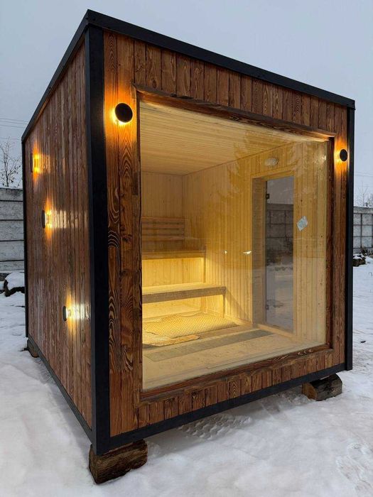 Модульна сауна “Wood Cube”з панорамним вікном.Сауна на дровах.Виробник