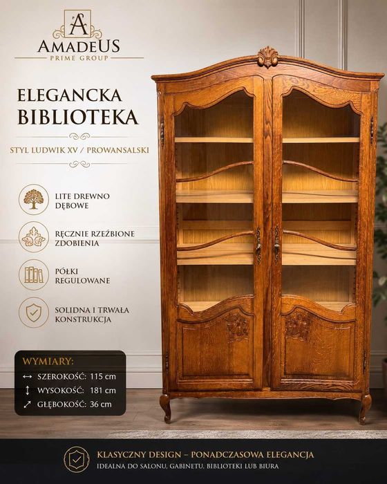 Biblioteka dębowa w stylu Ludwik XV / Prowansalskim