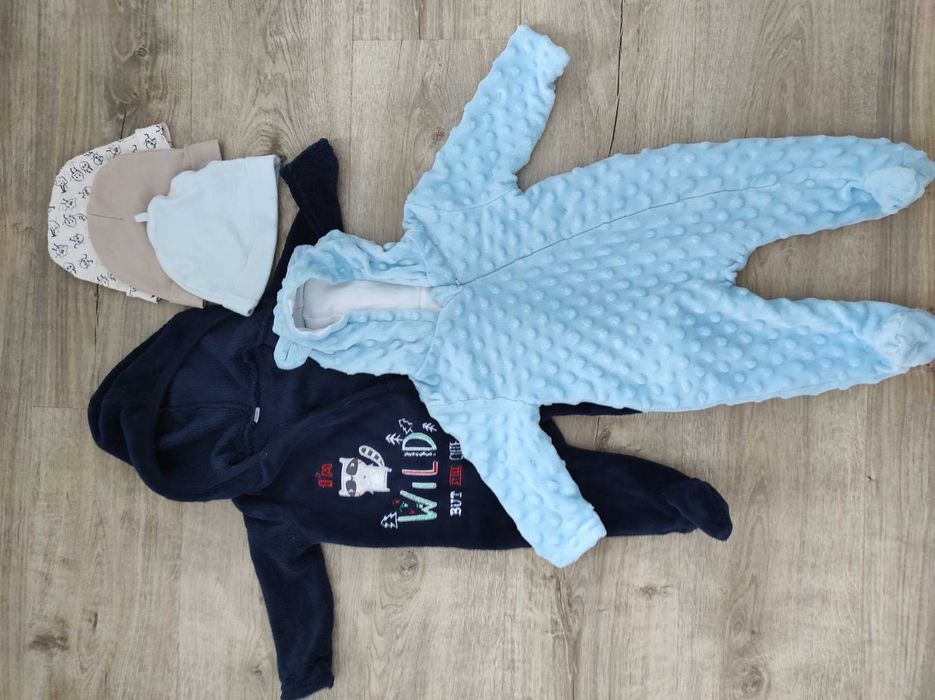 2 pajace 68 minky i polar plus czapeczki