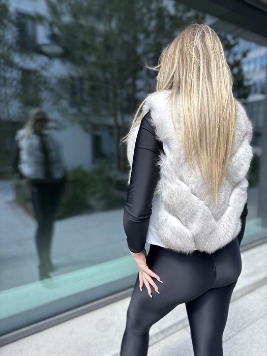 Futro naturalne 2 w 1 z lisa białego xs/s NOWE w jodełkę PREMIUM kurtk