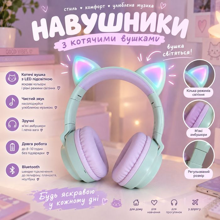Бездротові навушники з котячими вушками та LED-підсвіткою