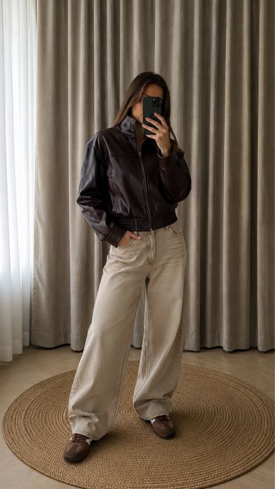 Куртка шкіряна бомбер Zara коричнева ХС