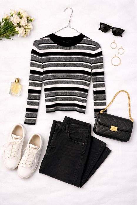 Czarno biały prążkowany sweter S 36