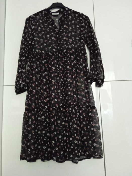 D-xel jeans sukienka mgiełka czarna w różowo białe kwiatuszki XS 34