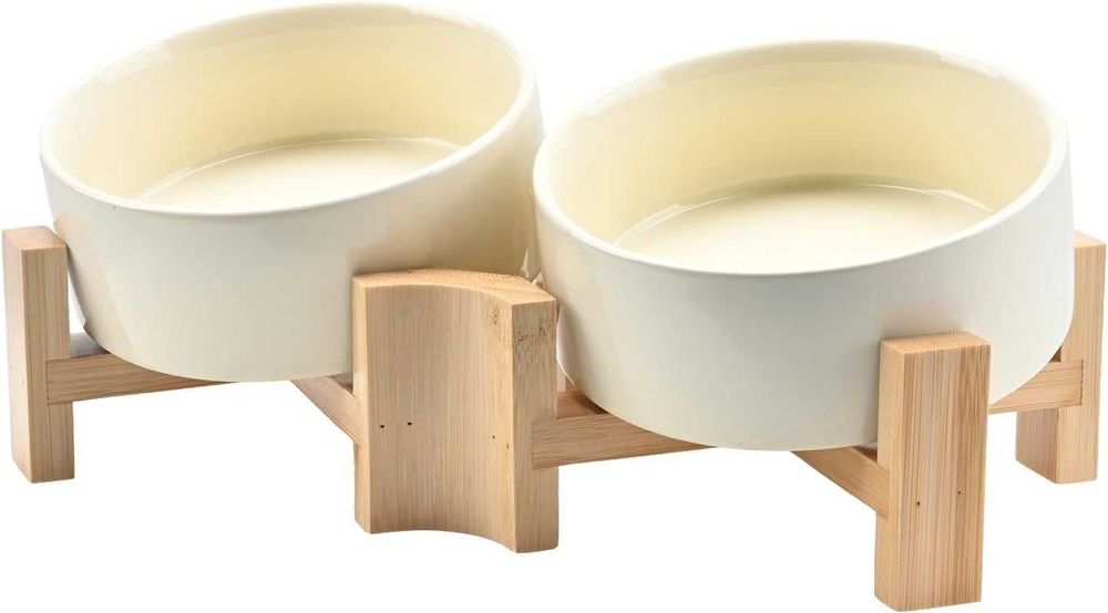 SPUNKYJUNKY 15° ceramiczna miska dla psa z pochylaną podstawą z drewna