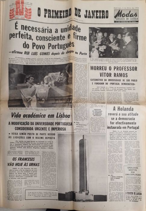 Jornal "O Primeiro de Janeiro" de 5 Maio 1974- após a revolução