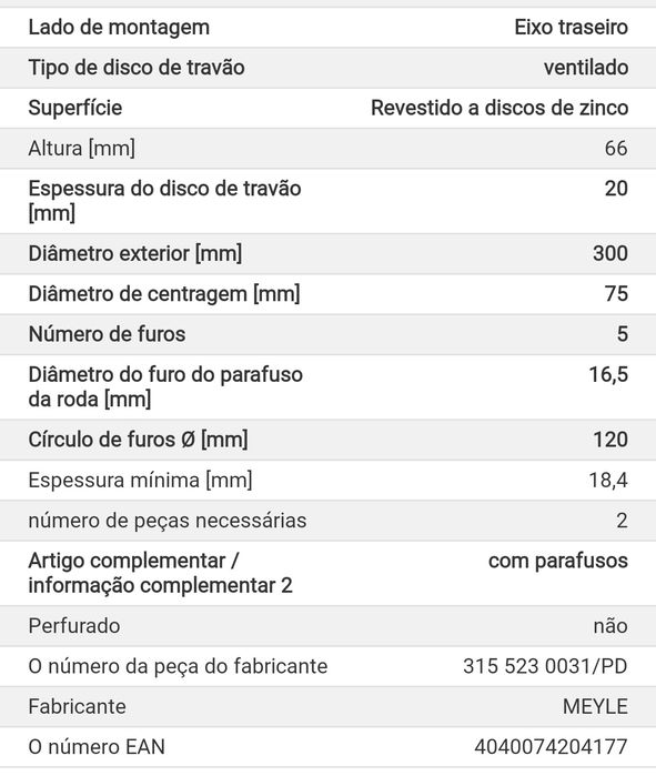 Discos travão eixo traseiro BMW séries: 3 F31/F30; 1 F20/21 ; 2 F22W/2