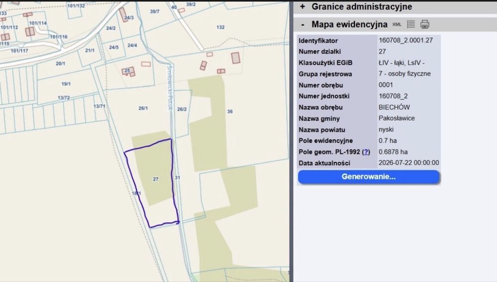 Dzialka las z łąką Biechów