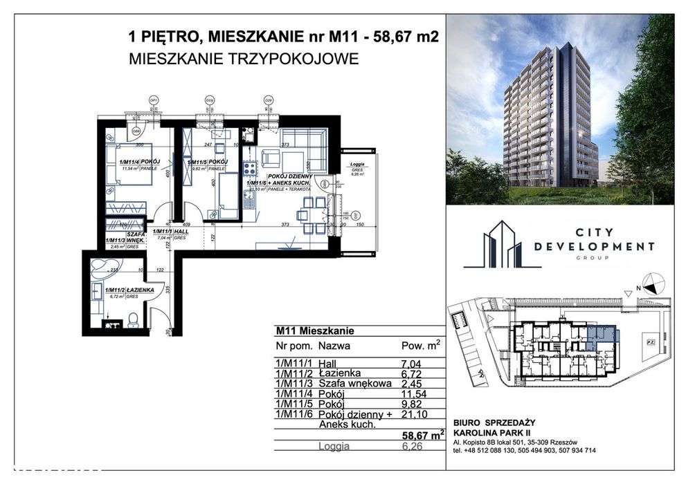 3 Pokoje 58,67 m2 Projektant Nowe Mieszkanie Widok na Zieleń 1 piętro