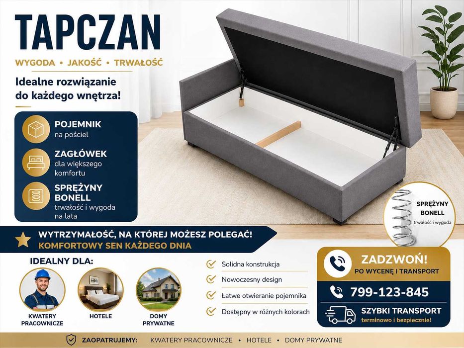 Tapczan z pojemnikiem na pościel + zagłówek 80x190 80x200 90x200