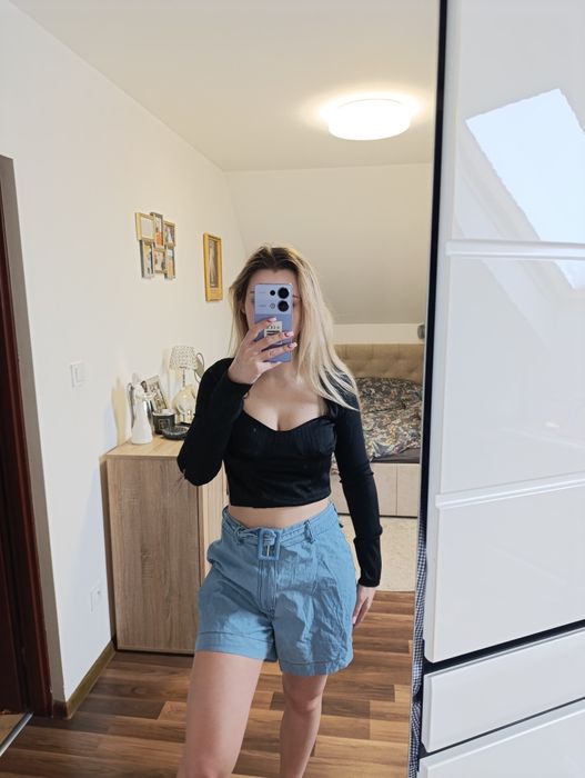 Szorty wysoki stan z paskiem jeansowe m L bawełna paperbag