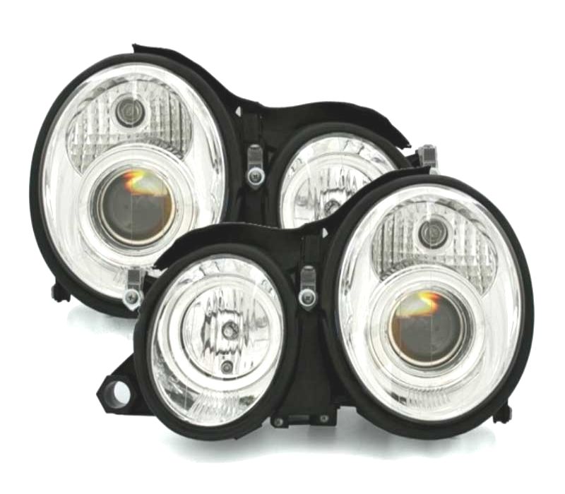 FARÓIS FRONTAIS ANGEL EYES PARA MERCEDES CLK W208. FUNDO CROMADO
